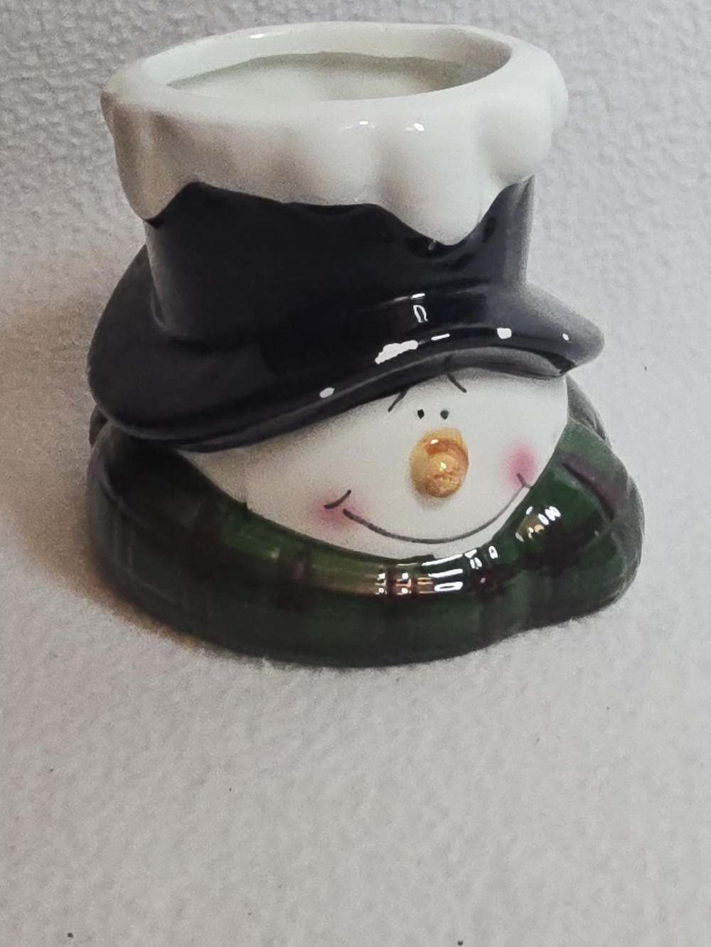Ceramic Snowman Votive Holder in White, Black & Green